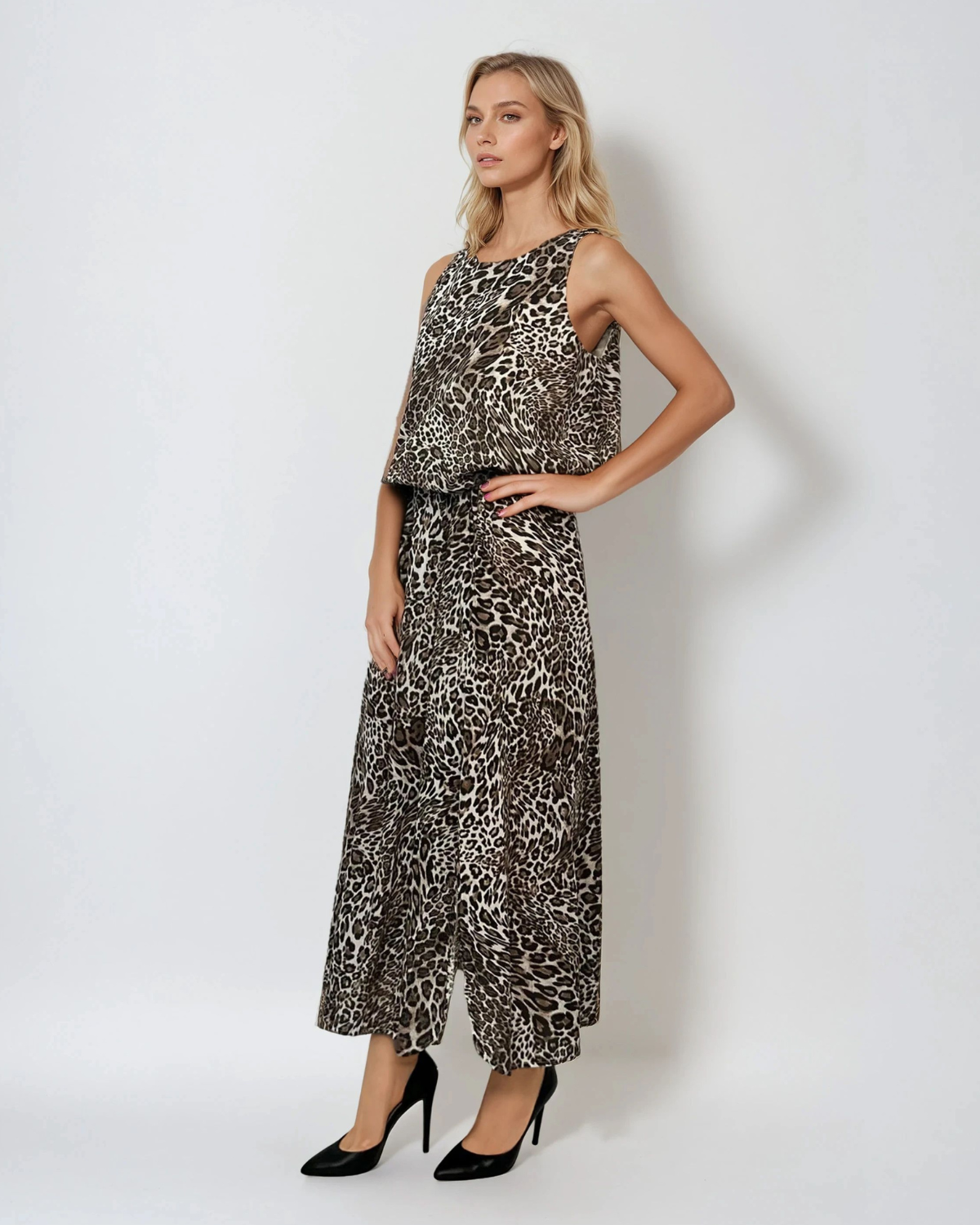 Compleu maieu și fustă largă animal print cu crăpătură animal print 