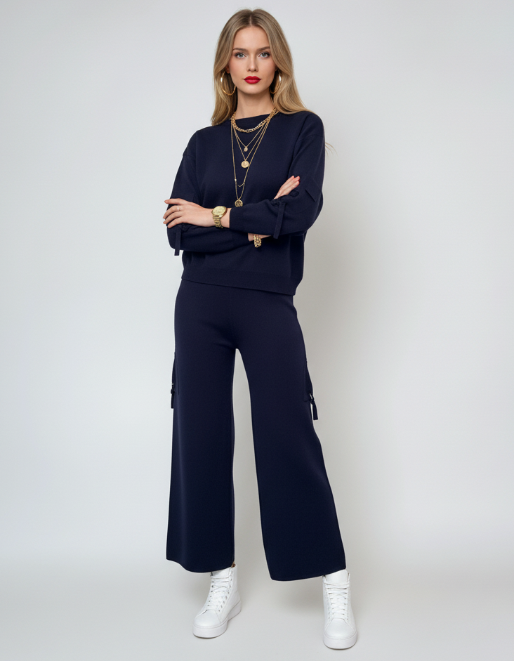 Compleu tricotat casual cu cataramă la buzunare bleumarin 