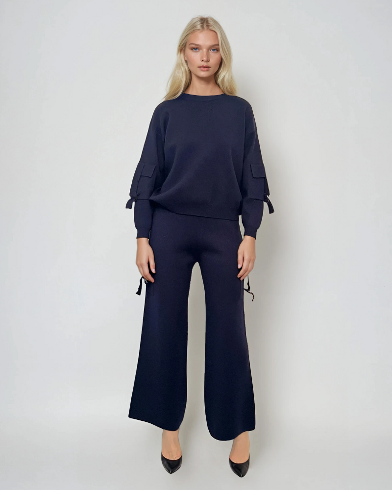 Compleu tricotat casual cu cataramă la buzunare bleumarin 