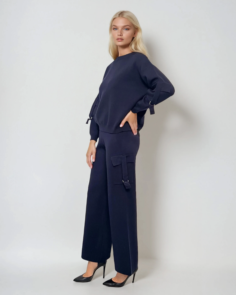 Compleu tricotat casual cu cataramă la buzunare bleumarin 