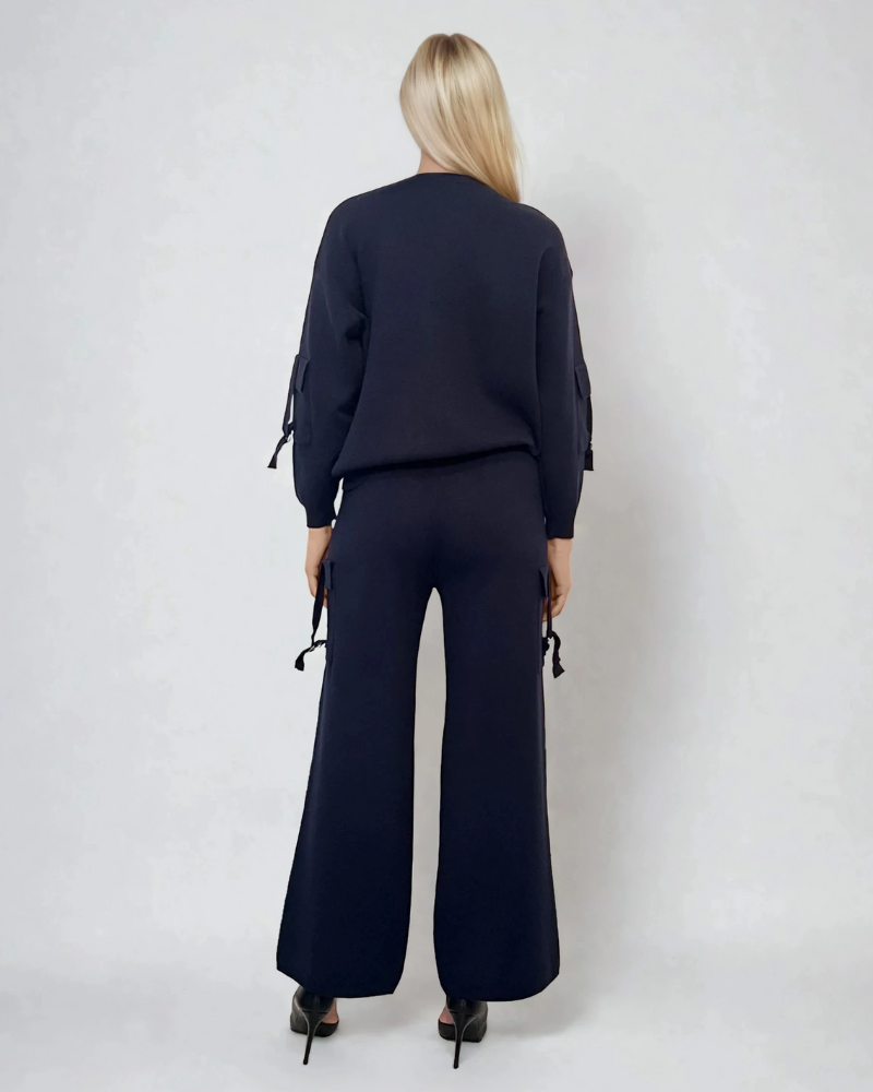 Compleu tricotat casual cu cataramă la buzunare bleumarin 
