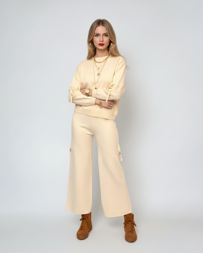 Compleu tricotat casual cu cataramă la buzunare crem 