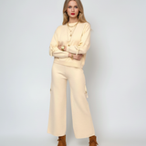 Compleu tricotat casual cu cataramă la buzunare crem 