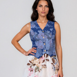 Vestă scurtă din in cu print floral albastru