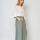 Fustă pantalon largă din in cu dungi kaki