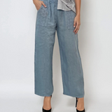 Pantaloni lungi din in cu buzunare croșetate bleu
