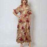Rochie lunga parte peste parte print floral beige
