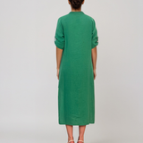 Rochie din in cu nasturi și buzunare verde