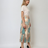 Fustă lungă plisată cu bandă elastică în talie aqua print geometric