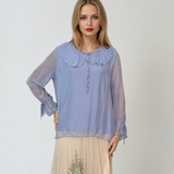 Bluza cu volan din mătase naturală și vascoză bleu
