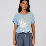 Tricou din in și bumbac cu șiret bleu