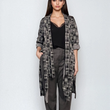 Cardigan lung cu șlițuri laterale și imprimeu geometric mic gri