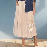 Fustă lungă cu print floare și buzunare crem