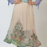 Fustă lungă plisată cu print floral și crinolină fluidă verde