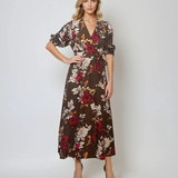 Rochie lunga parte peste parte print floral cu broșă maro