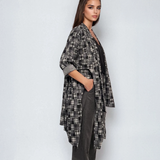 Cardigan lung cu șlițuri laterale și imprimeu geometric mic gri