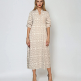 Rochie lungă din bumbac cu print geometric și mânecă 3/4 crem