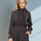 Bluză din voal cu volane la guler și mâneci negru