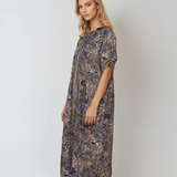 Rochie lungă din bumbac cu print floral și mânecă 3/4 grej