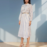 Rochie cu print dungi și flori și curea albastru