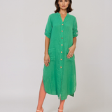 Rochie din in cu nasturi și buzunare verde