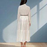 Rochie lungă cu legătură la guler și curea crem