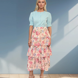 Fustă lungă cu volane și print floral crem