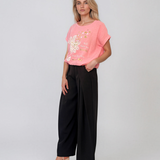 Tricou din in și bumbac cu șiret roz