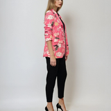 Sacou cu print abstract floral și scrisuri roz