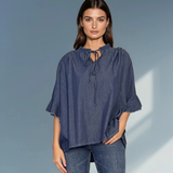 Bluză largă din denim cu mânecă clopot bleumarin