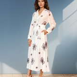 Rochie lungă brodată cu flori alb-maro
