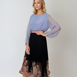 Fustă lungă plisată cu print floral și crinolină fluidă negru
