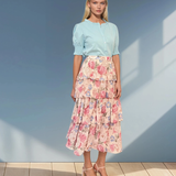 Fustă lungă cu volane și print floral crem