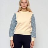 Pulover cu mâneci din denim cu paiete alb