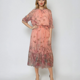 Rochie lungă din voal fluid cu volan jos și print floral roz