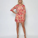 Rochie mini vaporoasă din voal cu print floral roz
