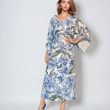 Rochie vascoza cu maneca larga si print floral-albastru jeans