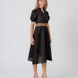 Rochie midi din bumbac cu centură în talie negru