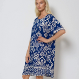 Rochie largă din vâscoză cu print oriental albastru