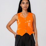 Vestă scurtă din in cu print floral portocaliu