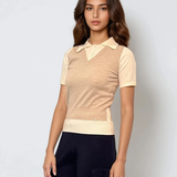 Pulover cu mânecă scurtă, guler cămașă și nasturi beige