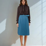 Bluză din voal cu volane la guler și mâneci maro