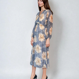 Rochie lungă cu print floral, mânecă lungă, elastic talie, decolteu în V albastru jeans