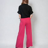 Pantaloni lungi din in cu nasturi decorativi pe buzunare ciclam