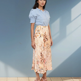 Fustă plisată lungă cu print floral crem