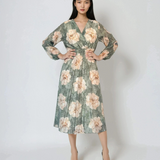 Rochie lungă cu print floral, mânecă lungă, elastic talie, decolteu în V kaki