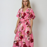Rochie lunga parte peste parte print floral cu broșă roz