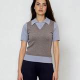 Pulover cu mânecă scurtă, guler cămașă și nasturi gri