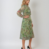 Rochie midi din voal cu print floral și curea verde