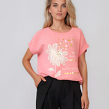 Tricou din in și bumbac cu șiret roz